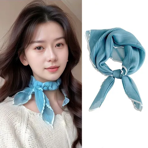 Women Elegant Pleated Contrast Trim Scarf Lightweight Solid Color Small Square Scarf Polyester Crinkled Neck Scarf Accessory
