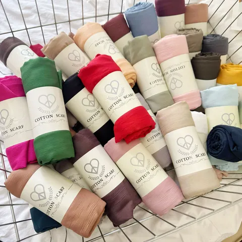 Women's Cotton Blend Crinkled Long Scarf Solid Color Minimalist Shawl For Autumn Soft Breathable Tassel-Free Hijab Neck Wrap