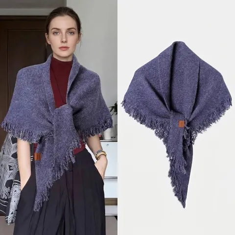 Women Korean Style Solid Color Tassel Triangle Shawl Knit Scarf Soft Warm Wool Blend Pashmina Wrap For Autumn Winter