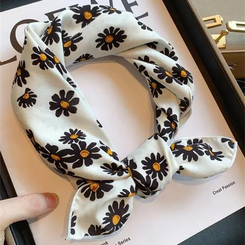 Harajuku Cotton Square Scarf Women Korean Style Floral Heart Polka Dot Neckerchief Headband Hair Band Decorative Scarf