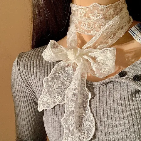 Elegante Pañuelo de Cinta de Encaje Estilo Coreano para Mujer Floral Bordado Corbata Delgada Larga Cinturón Versátil Accesorios de Moda
