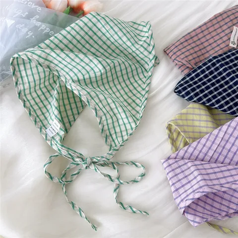 Foulard Triangolare a Quadri Retrò Francese per Donna Ragazze in Cotone Fascia per Capelli con Lacci Stile Ins Bandana Accessorio per Capelli