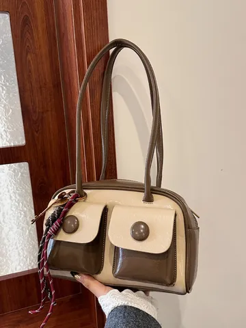 Vintage Glossy PU Leather Boston Bag For Women High-End Retro Underarm Shoulder Bag Dual Front Pockets Commuter Handbag