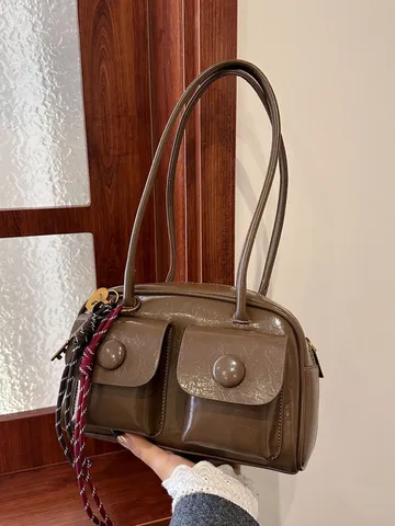 Vintage Glossy PU Leather Boston Bag For Women High-End Retro Underarm Shoulder Bag Dual Front Pockets Commuter Handbag