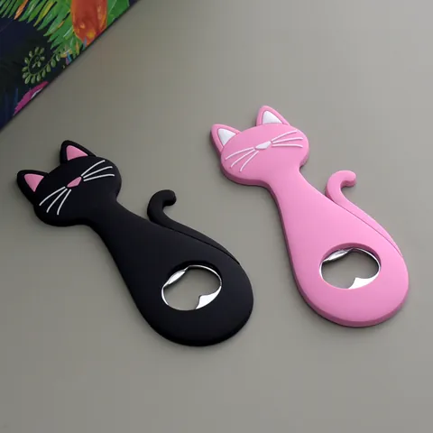 Abridor de Botellas de Cerveza Creativo Forma de Gato Dibujos Animados Acero Inoxidable Silicona Imán de Nevera Silueta de Gato Lindo Regalo para Bar