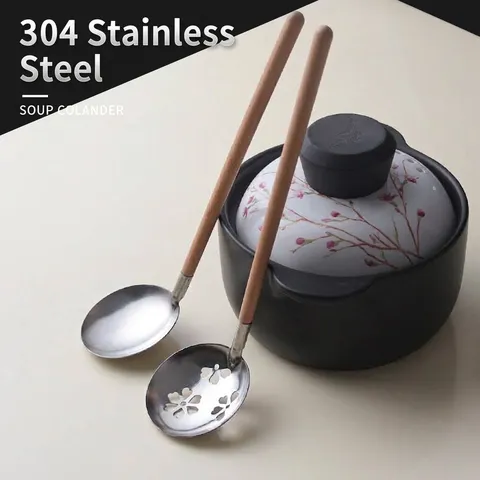 304 Stainless Steel Hotpot Soup Slotted Spoon With Long Solid Wood Handle Japanese Style Kitchen Cooking Porridge Tool