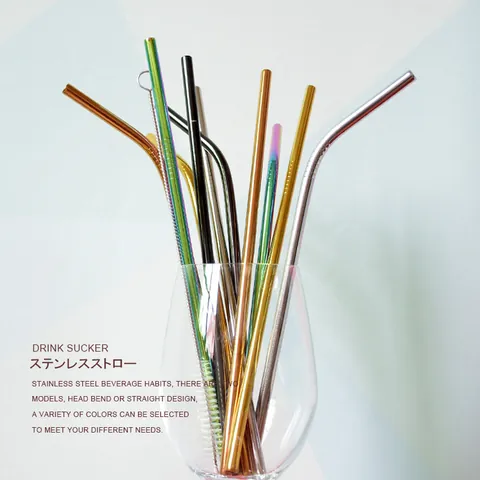 304 Stainless Steel Reusable Straws Metal Drinking Straws Rainbow Gold Silver Rose Gold Black Eco Friendly Straws With Cleaning Brush
