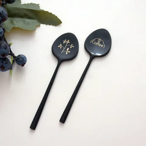 304 Stainless Steel Coffee Stirring Spoon Long Handle Black Matte Gold Leaf Pattern Mirror Polishing Dessert Honey Spoons