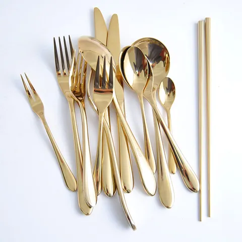 Mirror Gold Stainless Steel Flatware Set Dinner Knife Fork Spoon Teaspoon Steak Knife Cutlery For Home Wedding Banquet
