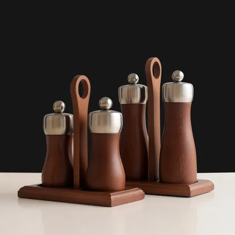 Manual Pepper Salt Grinder Set Wood Spice Mill Carbon Steel Core Adjustable Coarseness With Tray Kitchen Tools