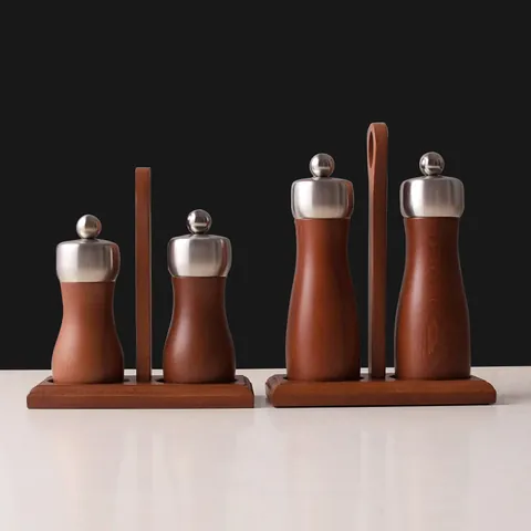 Manual Pepper Salt Grinder Set Wood Spice Mill Carbon Steel Core Adjustable Coarseness With Tray Kitchen Tools