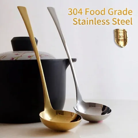 Long Handle 304 Stainless Steel Soup Spoon Thickened Deepened Porridge Ladle One Piece Mirror Polished Hot Pot Spoon Gold Silver Kitchen Utensil