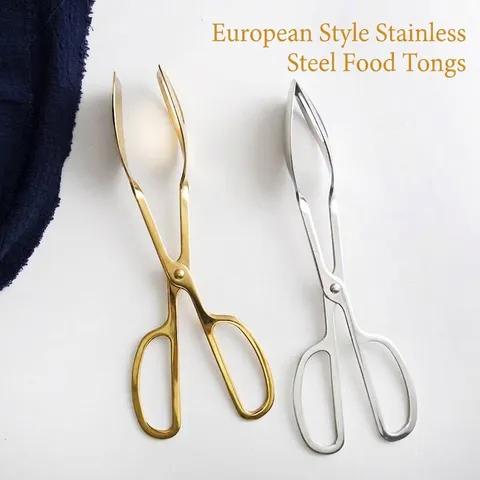 Stainless Steel Food Tongs Scissor Type BBQ Steak Bread Salad Serving Tongs Gold Silver Mirror Polished Kitchen Tool