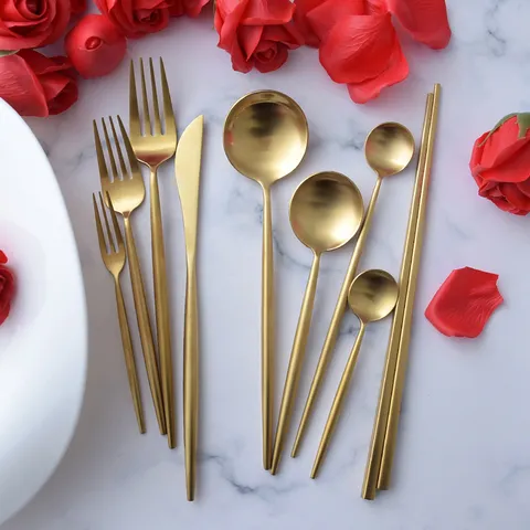 Modern Matte Gold 304 Stainless Steel Flatware Set Minimalist Round Handle Dinner Knife Fork Spoon For Home Tableware