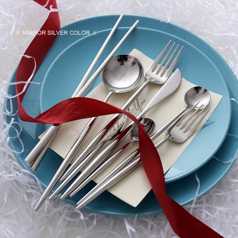 Mirror Silver 304 Stainless Steel Round Handle Dinnerware Collection Knife Fork Spoon Chopsticks Minimalist Polished Tableware