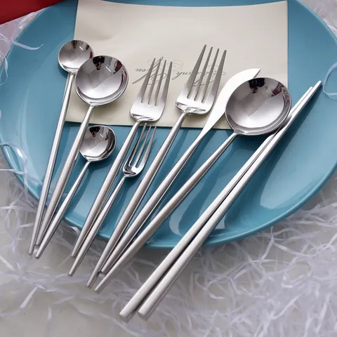 Mirror Silver 304 Stainless Steel Round Handle Dinnerware Collection Knife Fork Spoon Chopsticks Minimalist Polished Tableware
