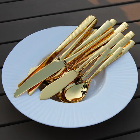 304 Stainless Steel Hammered Gold Cutlery Minimalist Mirror Polished Steak Knife Dinner Fork Dessert Spoon Tableware For Home Restaurant Wedding