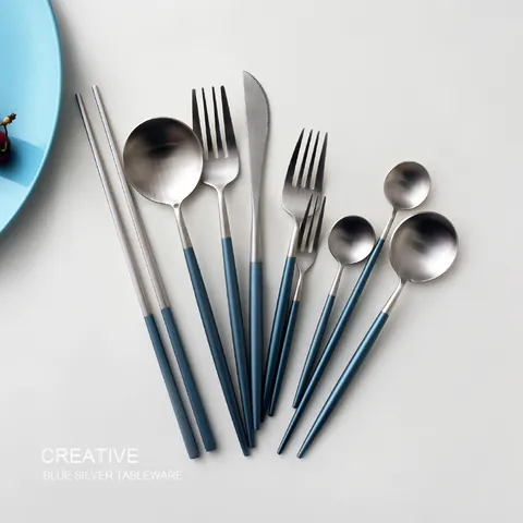 Blue Silver 304 Stainless Steel Cutlery Set Portuguese Style Mirror Polished Dinner Knife Fork Spoon Chopsticks Flatware