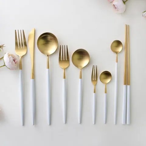Portuguese Style 304 Stainless Steel Cutlery Set White Gold Matte Round Handle Dinner Knife Fork Spoon Chopsticks Wedding Tableware
