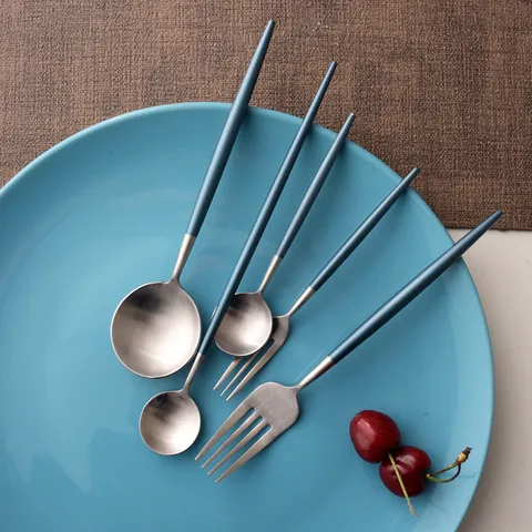 Blue Silver 304 Stainless Steel Cutlery Set Portuguese Style Mirror Polished Dinner Knife Fork Spoon Chopsticks Flatware