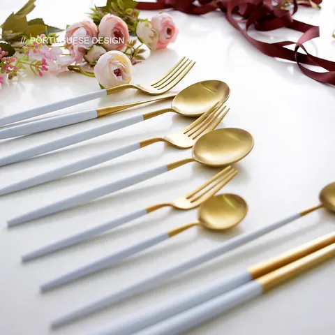 Portuguese Style 304 Stainless Steel Cutlery Set White Gold Matte Round Handle Dinner Knife Fork Spoon Chopsticks Wedding Tableware