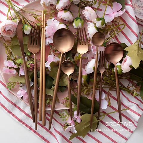 Matte Rose Gold Stainless Steel Cutlery Set Modern Simple Round Handle Dinnerware Set Steak Knife Fork Spoon For Home Banquet