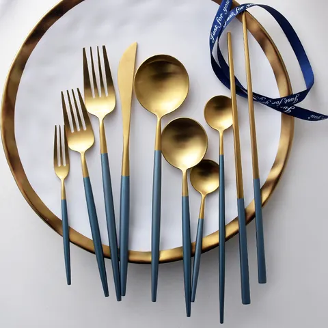 304 Stainless Steel Western Cutlery Dinner Knife Fork Spoon sky Blue Gold Round Handle Mirror Polished Tableware Flatware