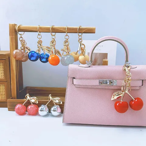 Simulation Cherry Bag Charm Cute Fruit Resin Zinc Alloy Keychain For Women Girls Backpack Handbag Pendant Gift Accessory