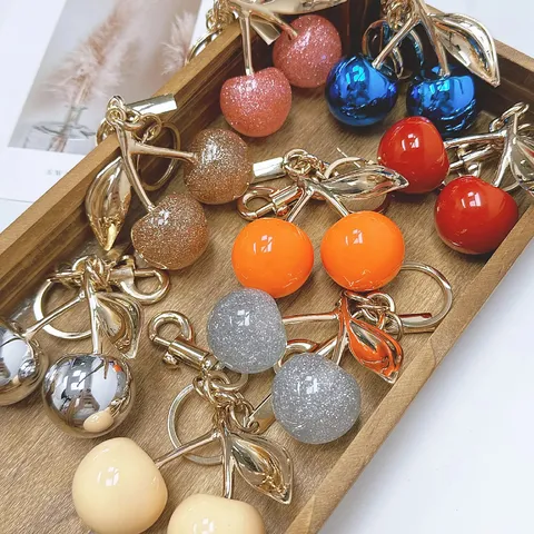 Simulation Cherry Bag Charm Cute Fruit Resin Zinc Alloy Keychain For Women Girls Backpack Handbag Pendant Gift Accessory