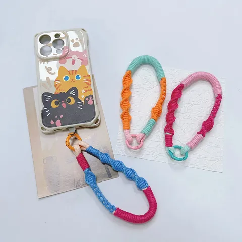 Handmade Woven Phone Lanyard Spiral Contrast Color Wrist Strap With Metal Ring Buckle For Keys Camera Earphone Case Hanging Cord