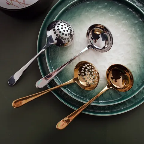 304 Stainless Steel Soup Spoon And Slotted Spoon Mirror Polished Thickened Creative Hot Pot Ladle For Home Kitchen Dining