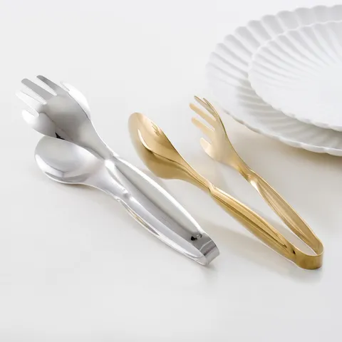 Nordic Stainless Steel Food Tongs Gold Silver Mirror Polished Steak BBQ Tongs Multifunctional Bread Salad Fork Spoon Clamp For Kitchen Party Wedding