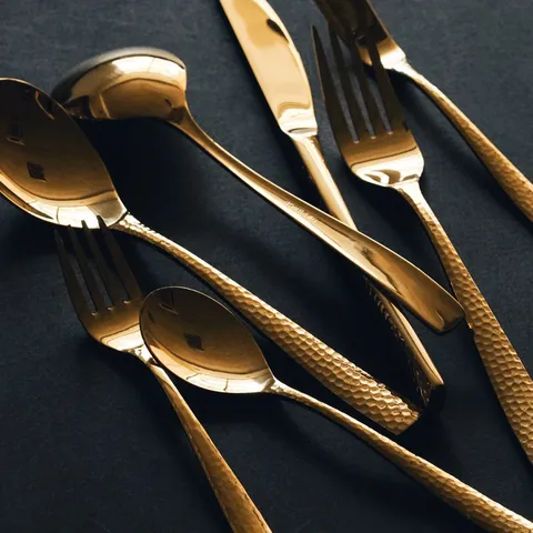 304 Stainless Steel Gold Mirror Hammered Cutlery Steak Knife Dinner Fork Dessert Spoon Wedding Party Tableware Set
