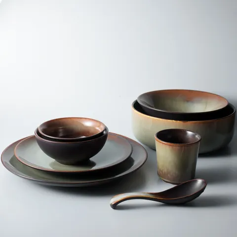 Japanese Retro Reactive Glaze Ceramic Bowl Plate Dinnerware Home Restaurant Ramen Soup Bowl Shallow Plate Tableware