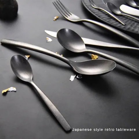 Service de Couverts en Acier Inoxydable Mat Rétro Style Japonais Couteau à Steak Fourchette Cuillère à Soupe Cuillère à Thé Couteau à Beurre Vaisselle Minimaliste