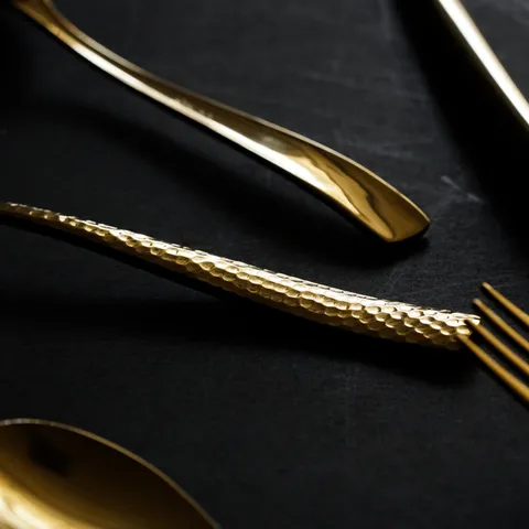 304 Stainless Steel Gold Mirror Hammered Cutlery Steak Knife Dinner Fork Dessert Spoon Wedding Party Tableware Set