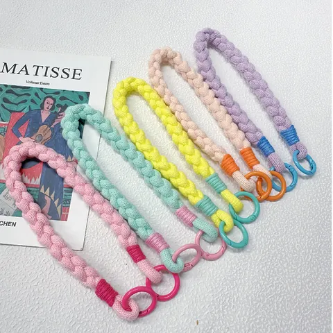Handwoven Cotton Rope Phone Lanyard Korean Colorful Braided Wrist Strap Anti-lost Mobile Phone Chain With Metal Buckle Travel Wristlet For Women Men