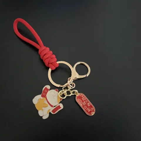 Handmade Woven Lucky Cat Keychain Chinese Blessing Charm Bag Pendant Key Ring For Women Men Lucky Charm Gift