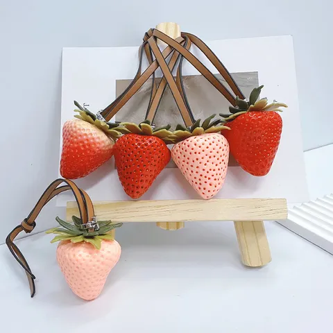 Realistic 3D Strawberry Bag Charm With Leather Strap Artificial Fruit Pendant Cute Handbag Accessory For Women Girls Gift