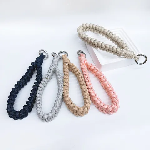 Handmade Woven Phone Wrist Lanyard Anti-Lost Polyester Braided Strap with Zinc Alloy Metal Ring Keychain Camera Charm