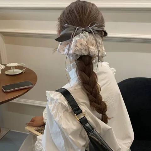 Korean Sweet Large Grey Bow Ribbon Hair Clip Pink Floral Lace Embroidery Spring Clip For Women Fashion Hair Accessory
