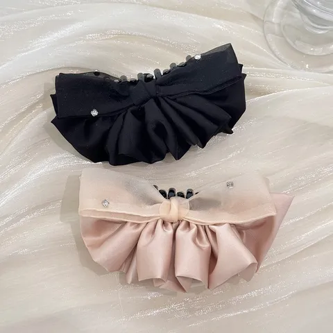 French Elegant Bow Hair Clip Gentle Sweet Mesh Satin Ruffle Banana Clip High Ponytail Vertical Clip For Women Hair Jewelry
