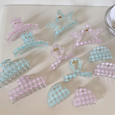 Pinza para el Cabello Estilo Coreano Transparente con Cuadros para Mujer Dulce Patrón de Cuadros Accesorios para el Cabello Pinza Grande Corazón Estrella Cuadrado Concha