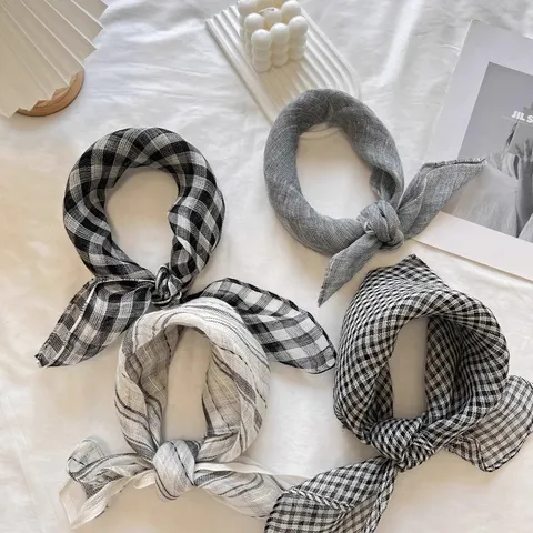 100% Pure Linen Square Scarf Women Breathable Japanese Style Neck Scarf Vintage Plaid Striped Bandana For Hair Neck Accessory