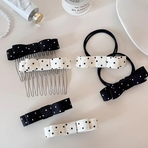 Korean Style Polka Dot Bow Hair Accessories Set Stainless Steel Fabric Hair Clip Comb Hair Tie Sweet Bowknot Headwear For Women