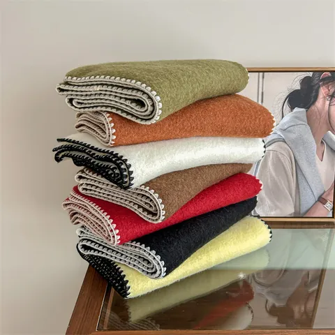 Korean Style Wool Blend Mohair Scarf For Women Winter Warm Blanket Stitch Solid Color Long Shawl Wrap With Metal Label
