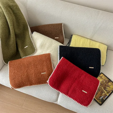 Korean Style Wool Blend Mohair Scarf For Women Winter Warm Blanket Stitch Solid Color Long Shawl Wrap With Metal Label