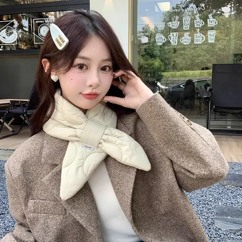 Women Winter Down Cotton Padded Scarf Korean Style Quilted Solid Color Neck Warmer Warm Minimalist Cross Over Neck Scarf