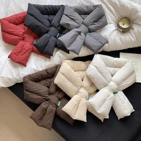 Women Down Cotton Cross Neck Warmer Solid Color Thickened Warm Scarf Korean Style Winter Neck Protector Padded Bow Muffler