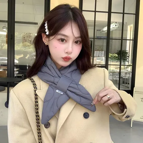 Women Winter Down Cotton Padded Scarf Korean Style Quilted Solid Color Neck Warmer Warm Minimalist Cross Over Neck Scarf